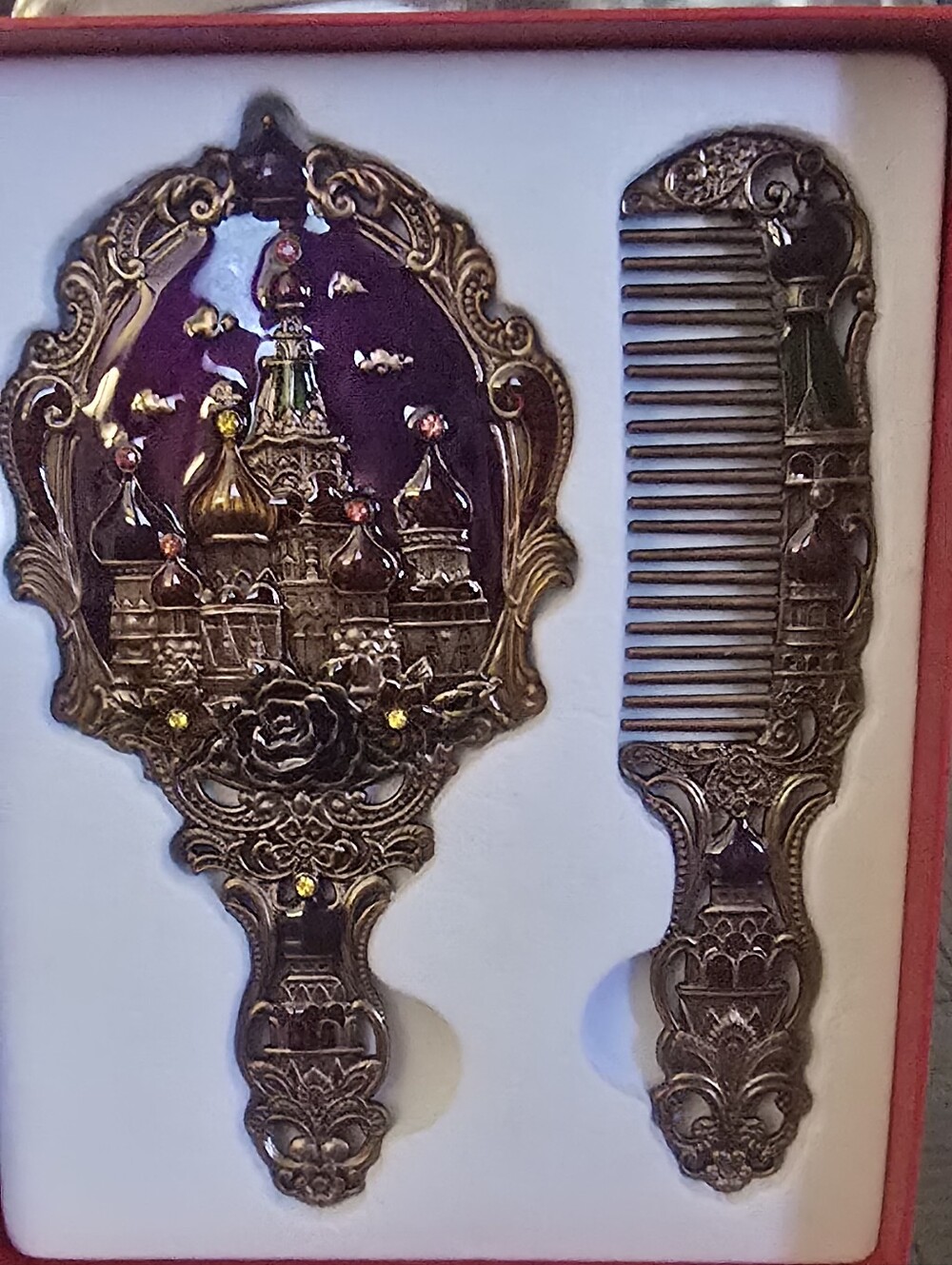 Ornate Purple and Gold Decorative Hand Mirror and Comb Set